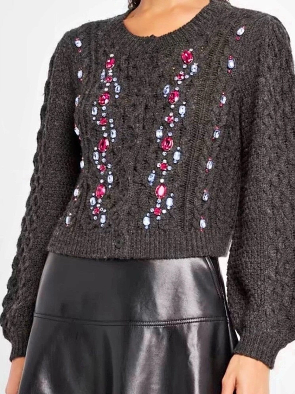 Cinq A Sept Joelle Embellished Cropped Cardigan in Gray Like New